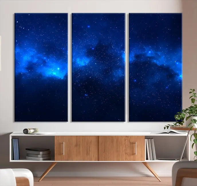 The Blue Nebula Clouds Wall Art Night Sky Stars Canvas Print features a gallery-worthy depiction of a starry night sky. This exquisite canvas artwork brings an exceptional touch to any room, all with the advantage of free shipping.