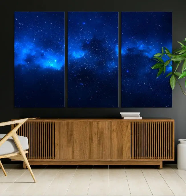 The Blue Nebula Clouds Wall Art Night Sky Stars Canvas Print features a gallery-worthy depiction of a starry night sky. This exquisite canvas artwork brings an exceptional touch to any room, all with the advantage of free shipping.