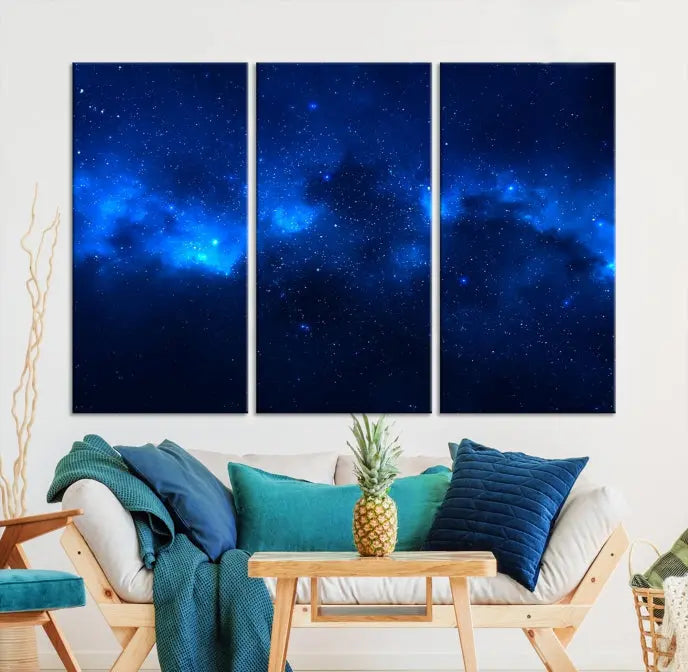 The Blue Nebula Clouds Wall Art Night Sky Stars Canvas Print features a gallery-worthy depiction of a starry night sky. This exquisite canvas artwork brings an exceptional touch to any room, all with the advantage of free shipping.