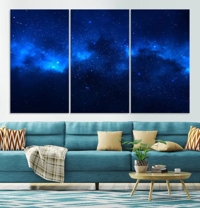 The Blue Nebula Clouds Wall Art Night Sky Stars Canvas Print features a gallery-worthy depiction of a starry night sky. This exquisite canvas artwork brings an exceptional touch to any room, all with the advantage of free shipping.