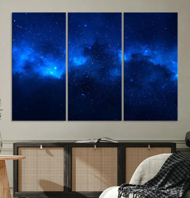 The Blue Nebula Clouds Wall Art Night Sky Stars Canvas Print features a gallery-worthy depiction of a starry night sky. This exquisite canvas artwork brings an exceptional touch to any room, all with the advantage of free shipping.