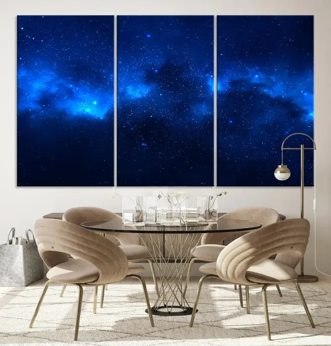 The Blue Nebula Clouds Wall Art Night Sky Stars Canvas Print features a gallery-worthy depiction of a starry night sky. This exquisite canvas artwork brings an exceptional touch to any room, all with the advantage of free shipping.