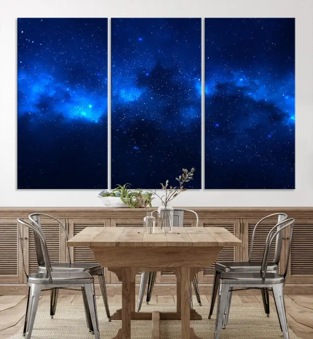 The Blue Nebula Clouds Wall Art Night Sky Stars Canvas Print features a gallery-worthy depiction of a starry night sky. This exquisite canvas artwork brings an exceptional touch to any room, all with the advantage of free shipping.