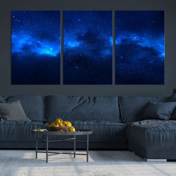 The Blue Nebula Clouds Wall Art Night Sky Stars Canvas Print features a gallery-worthy depiction of a starry night sky. This exquisite canvas artwork brings an exceptional touch to any room, all with the advantage of free shipping.