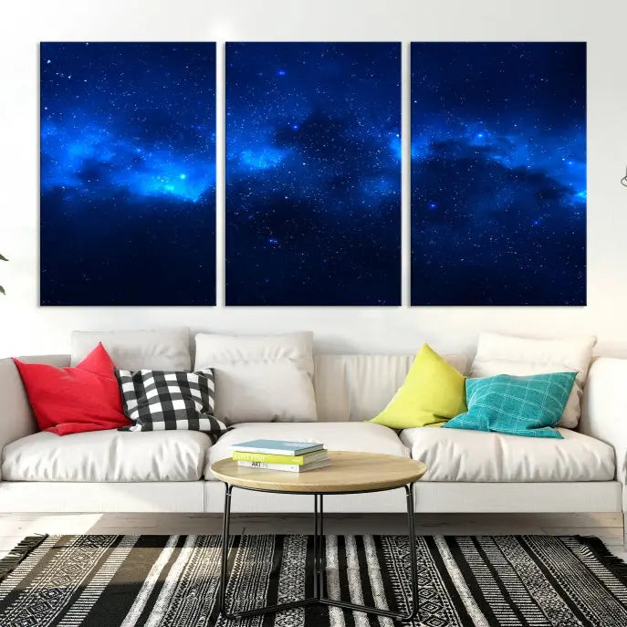 The Blue Nebula Clouds Wall Art Night Sky Stars Canvas Print features a gallery-worthy depiction of a starry night sky. This exquisite canvas artwork brings an exceptional touch to any room, all with the advantage of free shipping.