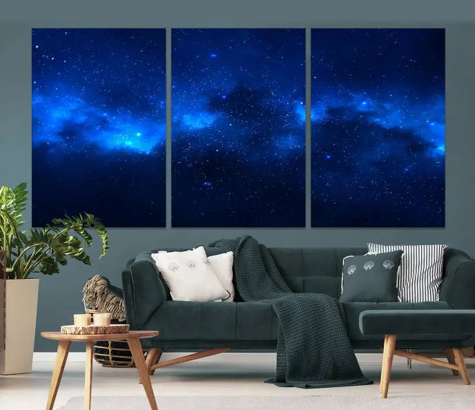 The Blue Nebula Clouds Wall Art Night Sky Stars Canvas Print features a gallery-worthy depiction of a starry night sky. This exquisite canvas artwork brings an exceptional touch to any room, all with the advantage of free shipping.