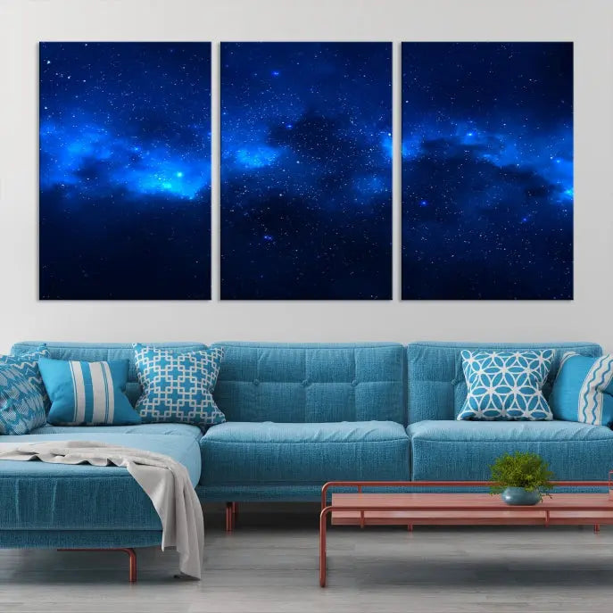 The Blue Nebula Clouds Wall Art Night Sky Stars Canvas Print features a gallery-worthy depiction of a starry night sky. This exquisite canvas artwork brings an exceptional touch to any room, all with the advantage of free shipping.