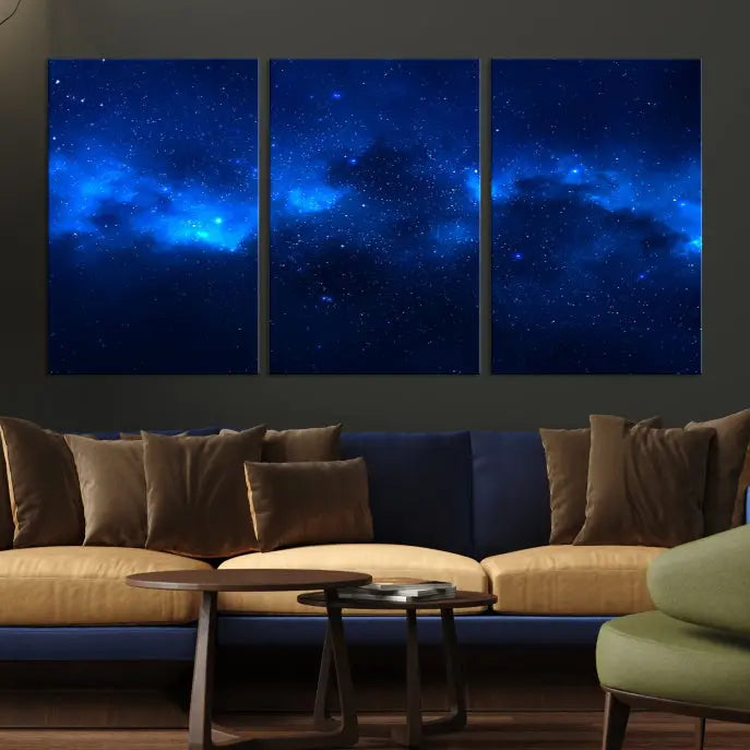 The Blue Nebula Clouds Wall Art Night Sky Stars Canvas Print features a gallery-worthy depiction of a starry night sky. This exquisite canvas artwork brings an exceptional touch to any room, all with the advantage of free shipping.