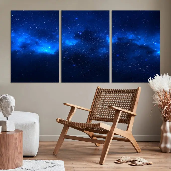 The Blue Nebula Clouds Wall Art Night Sky Stars Canvas Print features a gallery-worthy depiction of a starry night sky. This exquisite canvas artwork brings an exceptional touch to any room, all with the advantage of free shipping.