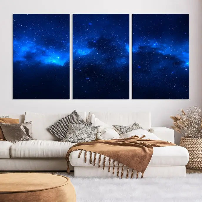 The Blue Nebula Clouds Wall Art Night Sky Stars Canvas Print features a gallery-worthy depiction of a starry night sky. This exquisite canvas artwork brings an exceptional touch to any room, all with the advantage of free shipping.