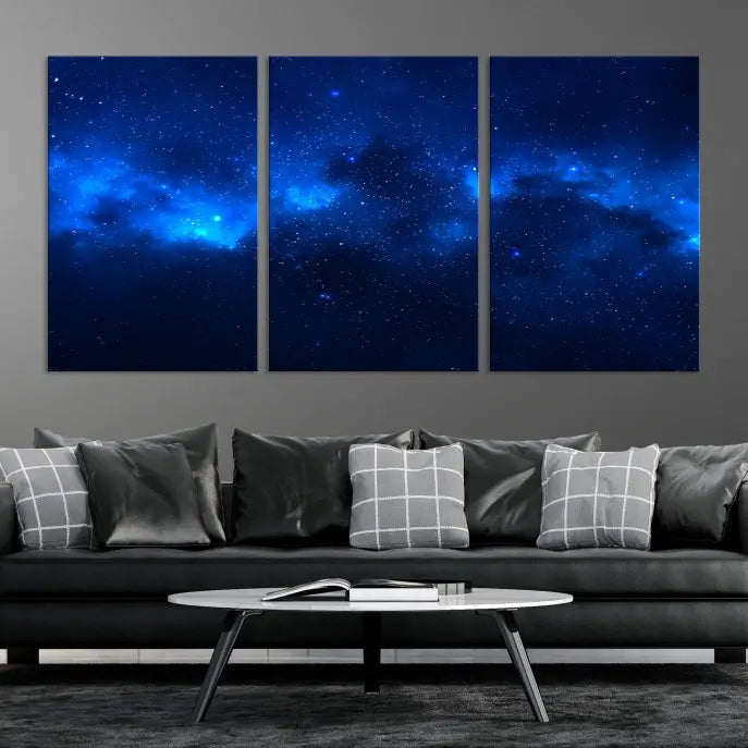 The Blue Nebula Clouds Wall Art Night Sky Stars Canvas Print features a gallery-worthy depiction of a starry night sky. This exquisite canvas artwork brings an exceptional touch to any room, all with the advantage of free shipping.