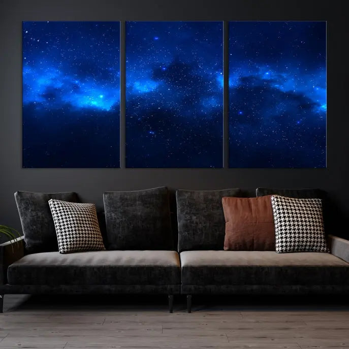 The Blue Nebula Clouds Wall Art Night Sky Stars Canvas Print features a gallery-worthy depiction of a starry night sky. This exquisite canvas artwork brings an exceptional touch to any room, all with the advantage of free shipping.