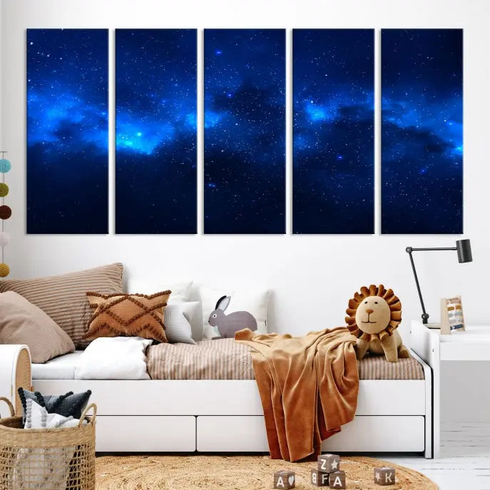 The Blue Nebula Clouds Wall Art Night Sky Stars Canvas Print features a gallery-worthy depiction of a starry night sky. This exquisite canvas artwork brings an exceptional touch to any room, all with the advantage of free shipping.