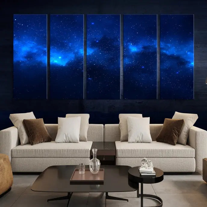 The Blue Nebula Clouds Wall Art Night Sky Stars Canvas Print features a gallery-worthy depiction of a starry night sky. This exquisite canvas artwork brings an exceptional touch to any room, all with the advantage of free shipping.