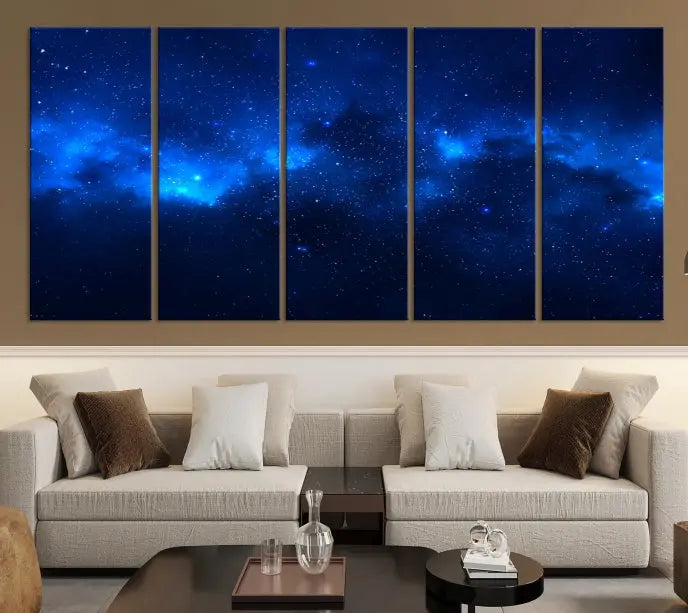 The Blue Nebula Clouds Wall Art Night Sky Stars Canvas Print features a gallery-worthy depiction of a starry night sky. This exquisite canvas artwork brings an exceptional touch to any room, all with the advantage of free shipping.