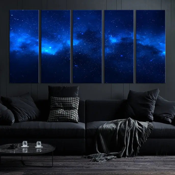 The Blue Nebula Clouds Wall Art Night Sky Stars Canvas Print features a gallery-worthy depiction of a starry night sky. This exquisite canvas artwork brings an exceptional touch to any room, all with the advantage of free shipping.