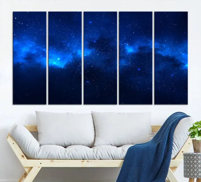 The Blue Nebula Clouds Wall Art Night Sky Stars Canvas Print features a gallery-worthy depiction of a starry night sky. This exquisite canvas artwork brings an exceptional touch to any room, all with the advantage of free shipping.