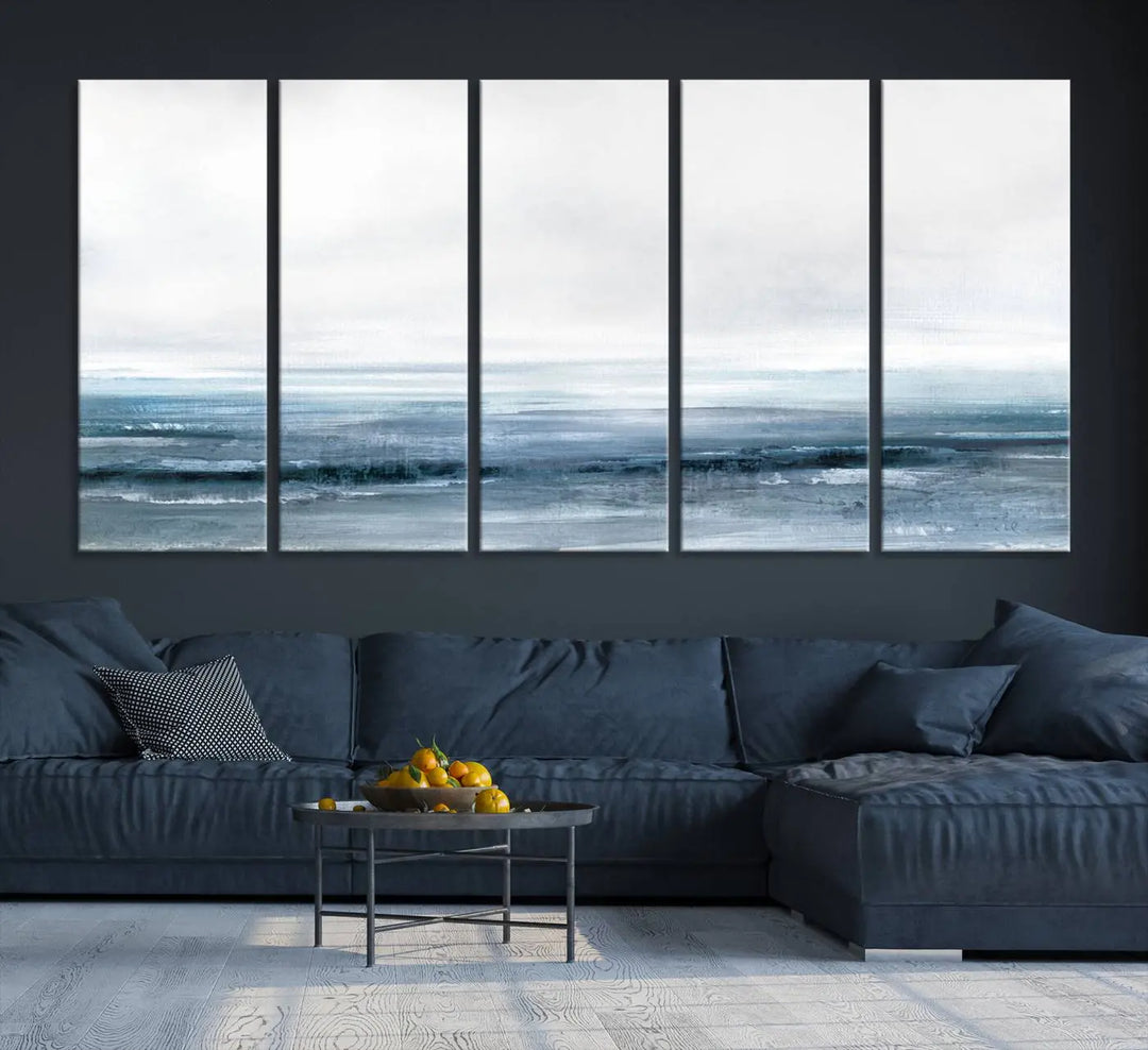 The Blue Ocean Abstract Artwork Wall Art Canvas Print, featuring museum-quality canvas with a gallery wrap and UV-protective coating, enhances the wall in a softly lit room.