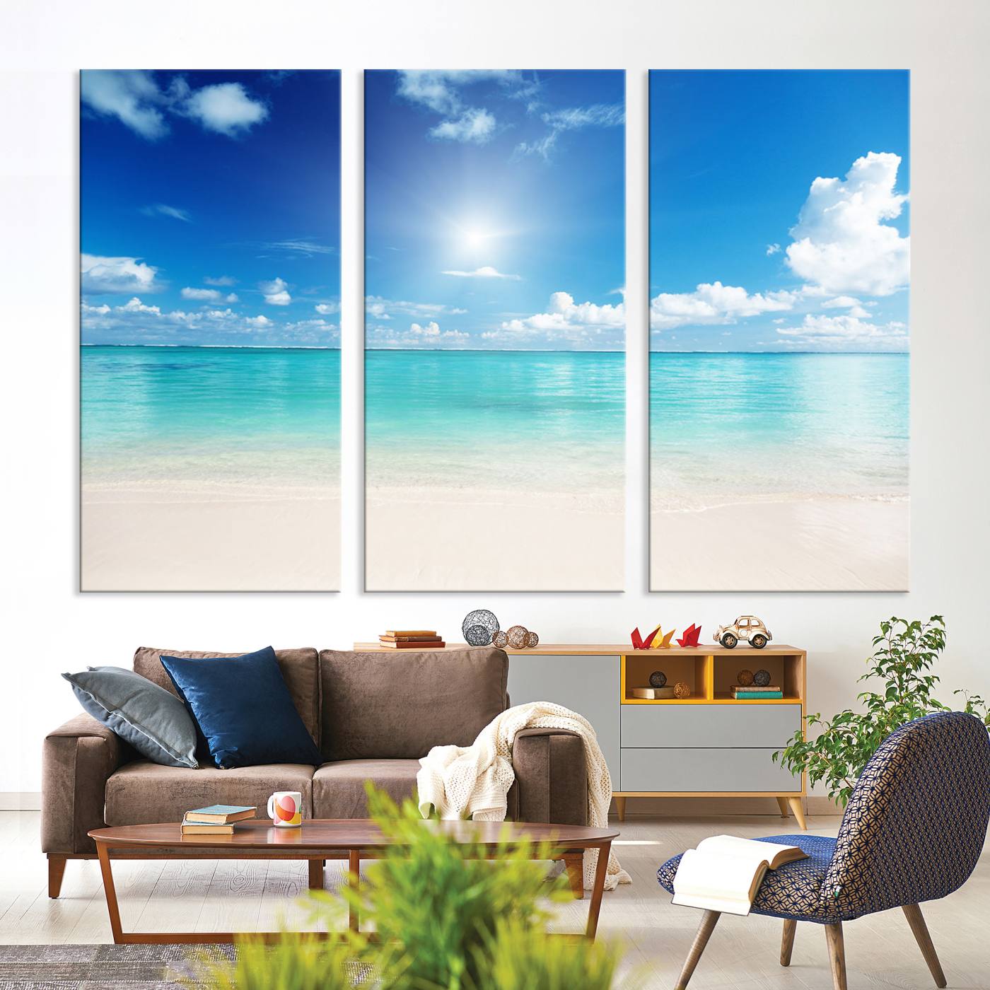 43179-MGV-CV-36X24-Blue Ocean Wall Art Canvas Print - Tranquil Ocean Paradise Triptych Wall Art - Ready to Hang Beach View for Relaxation Decor