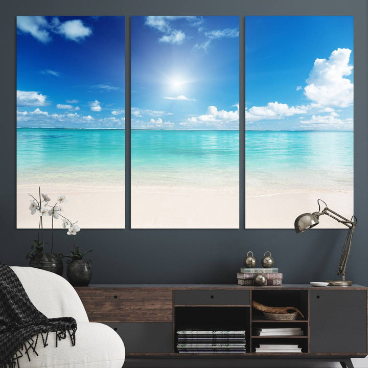 Blue Ocean Wall Art Canvas Print - Tranquil Ocean Paradise Triptych Wall Art - Ready to Hang Beach View for Relaxation Decor