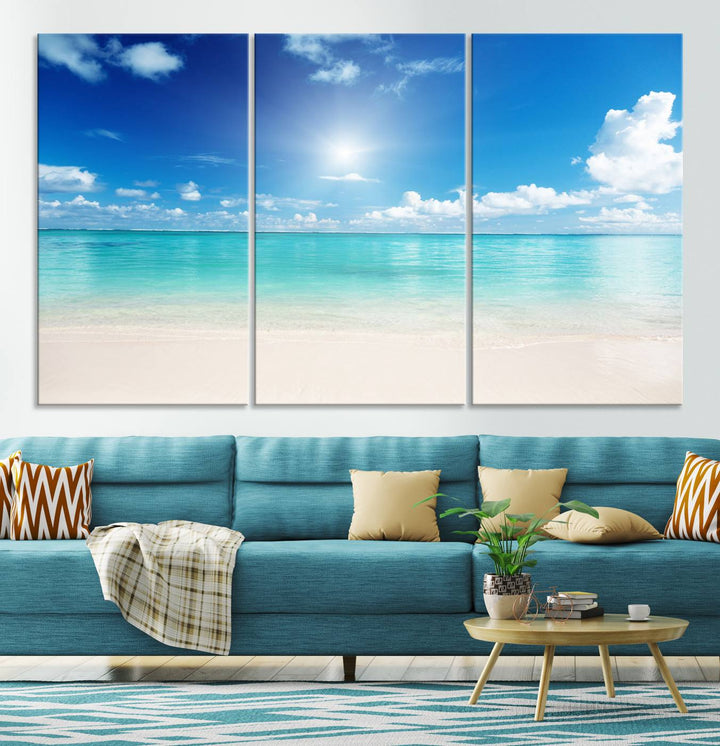 Blue Ocean Wall Art Canvas Print - Tranquil Ocean Paradise Triptych Wall Art - Ready to Hang Beach View for Relaxation Decor