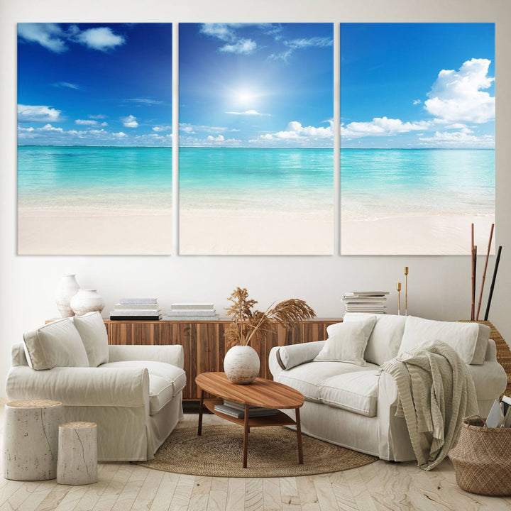 Blue Ocean Wall Art Canvas Print - Tranquil Ocean Paradise Triptych Wall Art - Ready to Hang Beach View for Relaxation Decor