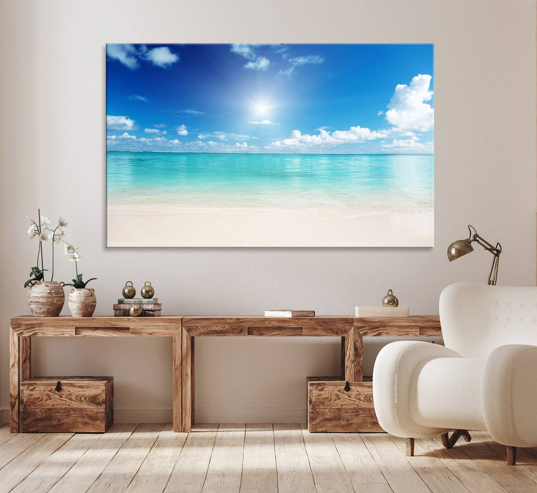 Blue Ocean Wall Art Canvas Print - Tranquil Ocean Paradise Triptych Wall Art - Ready to Hang Beach View for Relaxation Decor