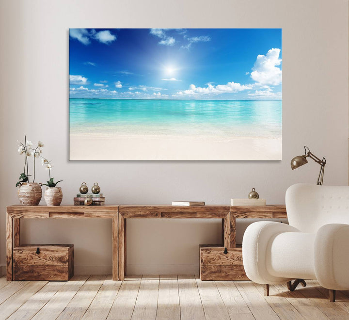 Blue Ocean Wall Art Canvas Print - Tranquil Ocean Paradise Triptych Wall Art - Ready to Hang Beach View for Relaxation Decor