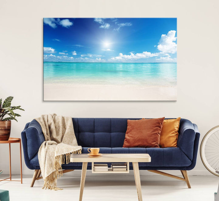 Blue Ocean Wall Art Canvas Print - Tranquil Ocean Paradise Triptych Wall Art - Ready to Hang Beach View for Relaxation Decor