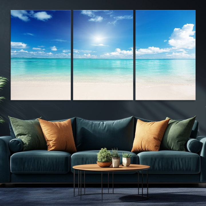 Blue Ocean Wall Art Canvas Print - Tranquil Ocean Paradise Triptych Wall Art - Ready to Hang Beach View for Relaxation Decor