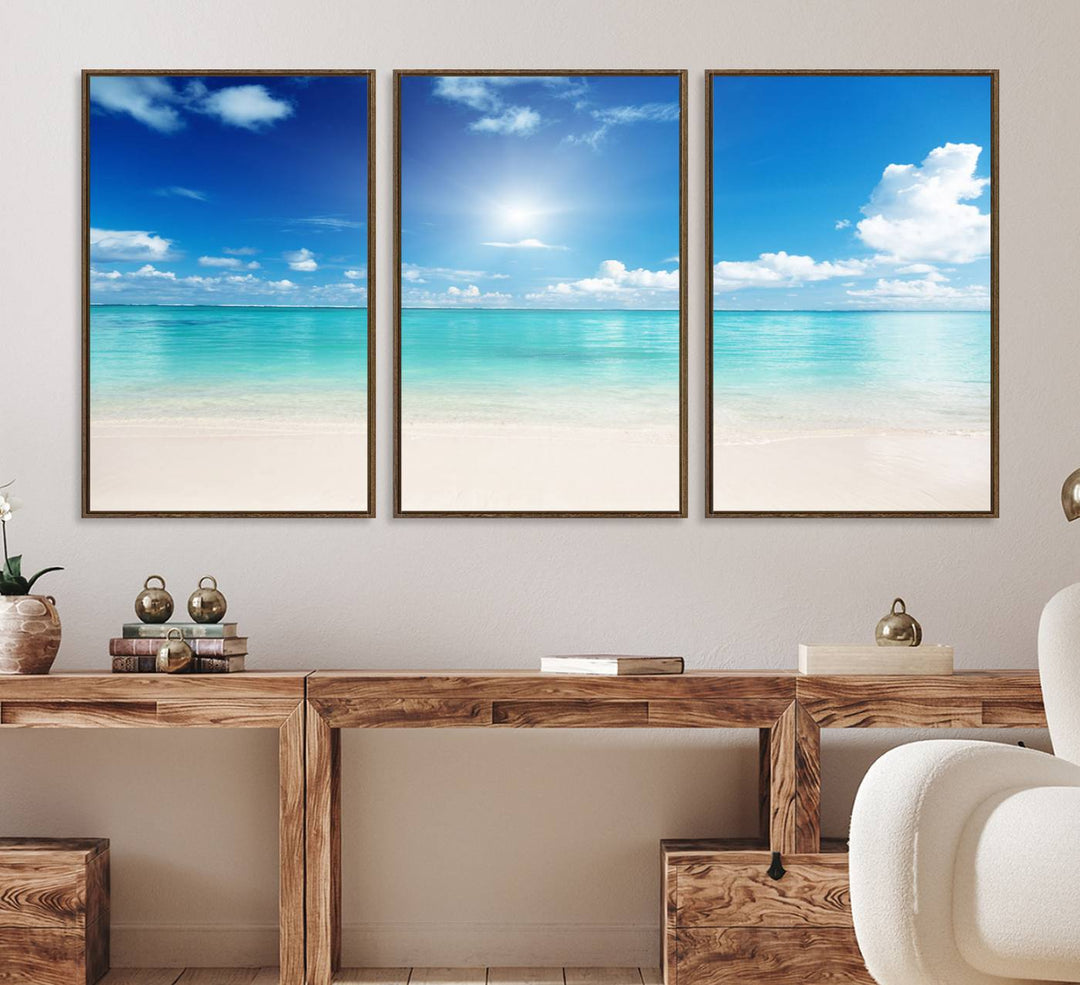 43179-MGV-FC-60X30-3P_Walnut-Blue Ocean Wall Art Canvas Print - Tranquil Ocean Paradise Triptych Wall Art - Ready to Hang Beach View for Relaxation Decor