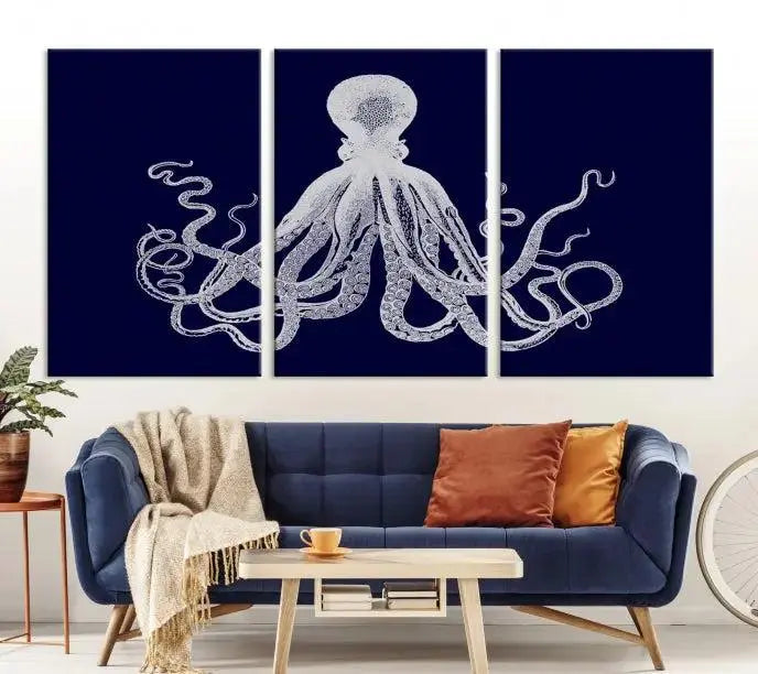 The Blue Octopus Wall Art Canvas Print, featuring a white octopus on navy blue and crafted on museum-quality canvas with satin varnish, is displayed prominently.