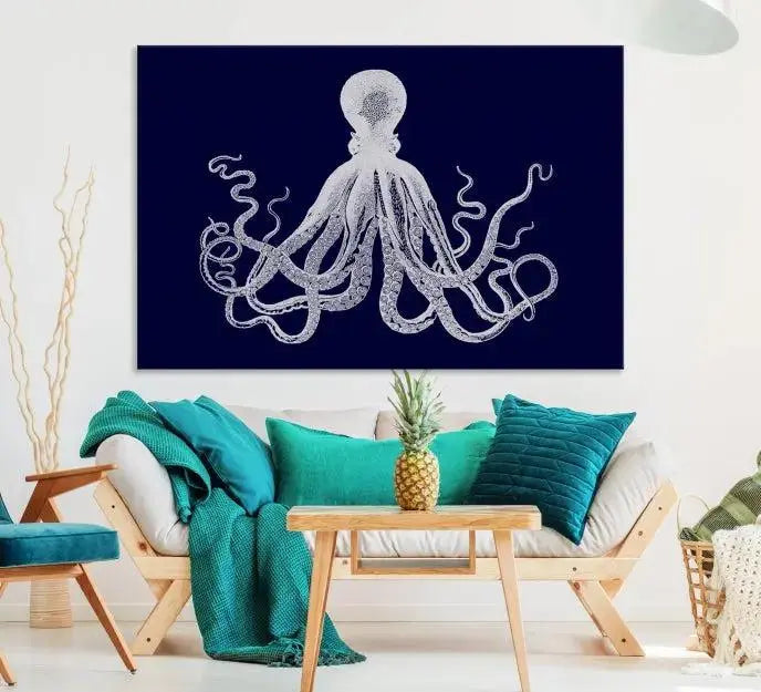 The Blue Octopus Wall Art Canvas Print, featuring a white octopus on navy blue and crafted on museum-quality canvas with satin varnish, is displayed prominently.