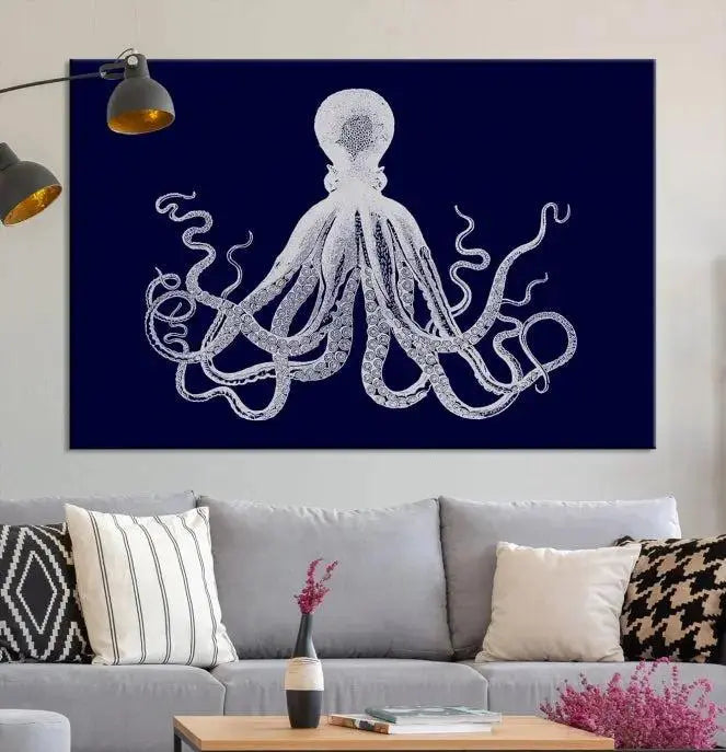 The Blue Octopus Wall Art Canvas Print, featuring a white octopus on navy blue and crafted on museum-quality canvas with satin varnish, is displayed prominently.