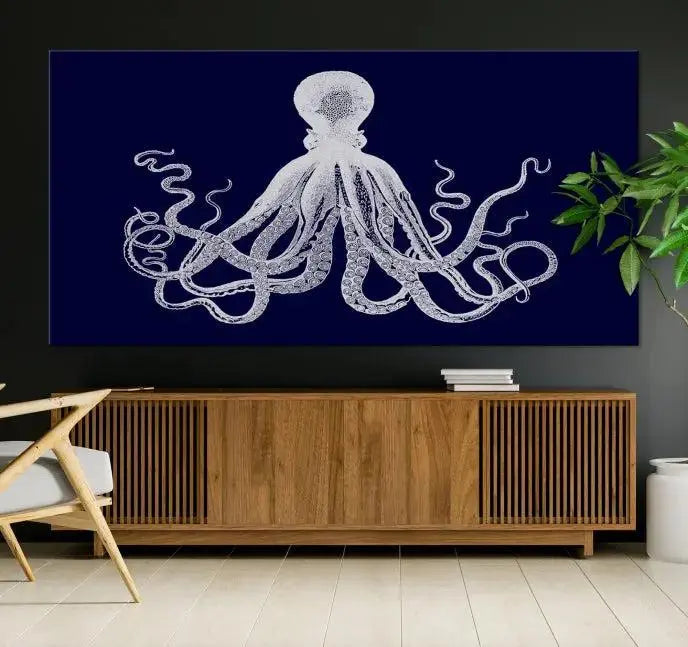 The Blue Octopus Wall Art Canvas Print, featuring a white octopus on navy blue and crafted on museum-quality canvas with satin varnish, is displayed prominently.