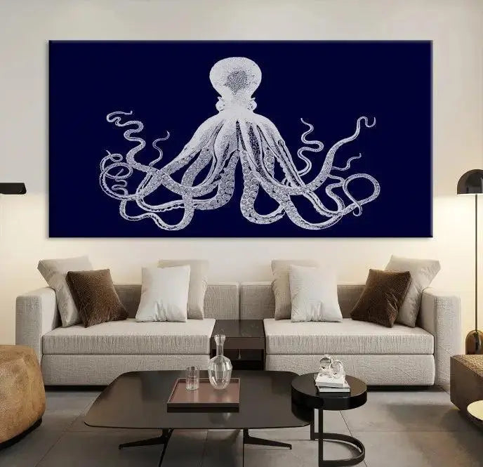 The Blue Octopus Wall Art Canvas Print, featuring a white octopus on navy blue and crafted on museum-quality canvas with satin varnish, is displayed prominently.