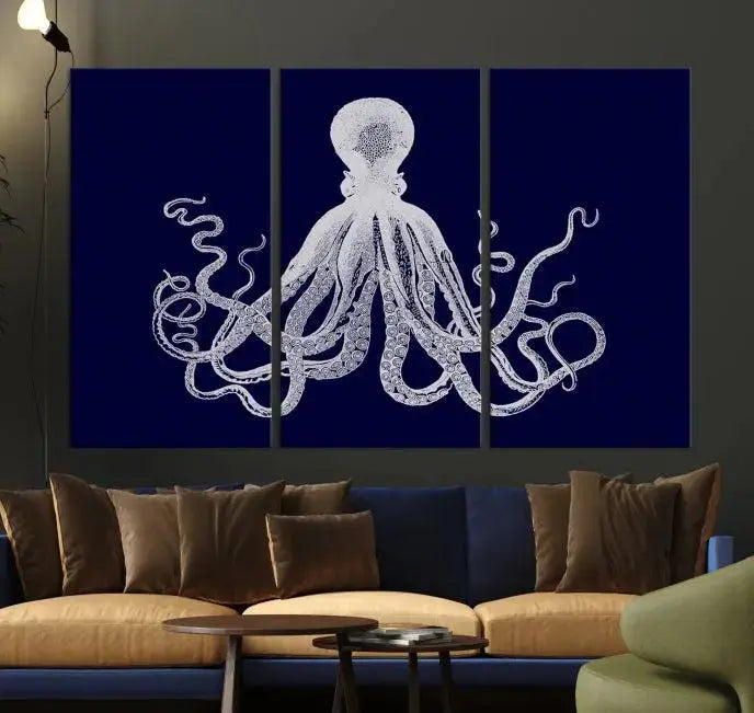 The Blue Octopus Wall Art Canvas Print, featuring a white octopus on navy blue and crafted on museum-quality canvas with satin varnish, is displayed prominently.