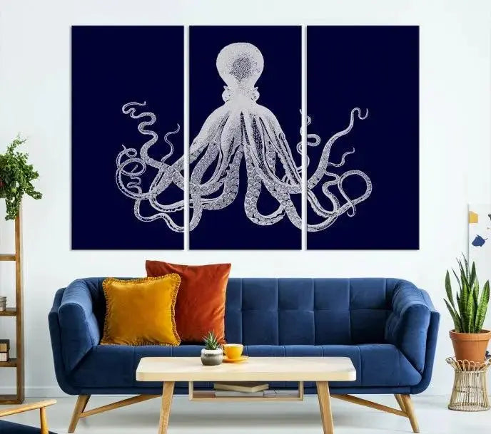 The Blue Octopus Wall Art Canvas Print, featuring a white octopus on navy blue and crafted on museum-quality canvas with satin varnish, is displayed prominently.