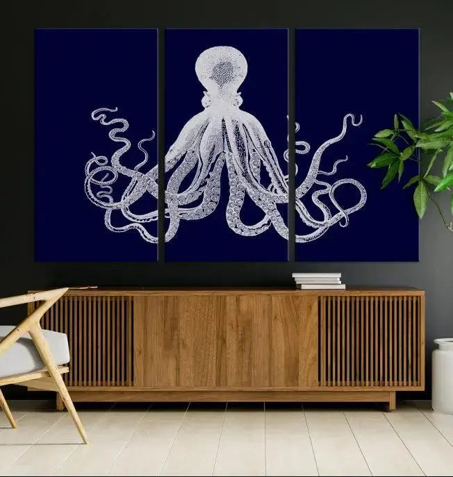 The Blue Octopus Wall Art Canvas Print, featuring a white octopus on navy blue and crafted on museum-quality canvas with satin varnish, is displayed prominently.