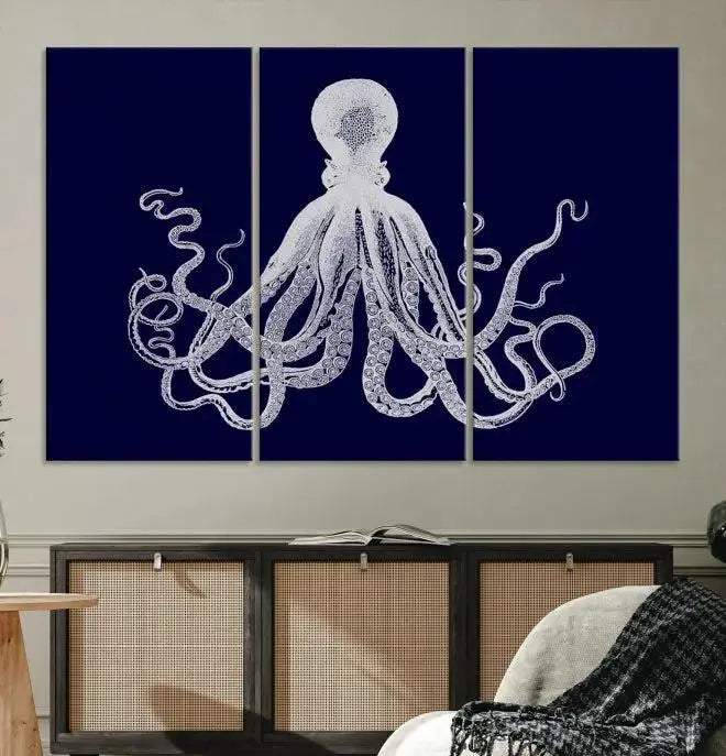 The Blue Octopus Wall Art Canvas Print, featuring a white octopus on navy blue and crafted on museum-quality canvas with satin varnish, is displayed prominently.