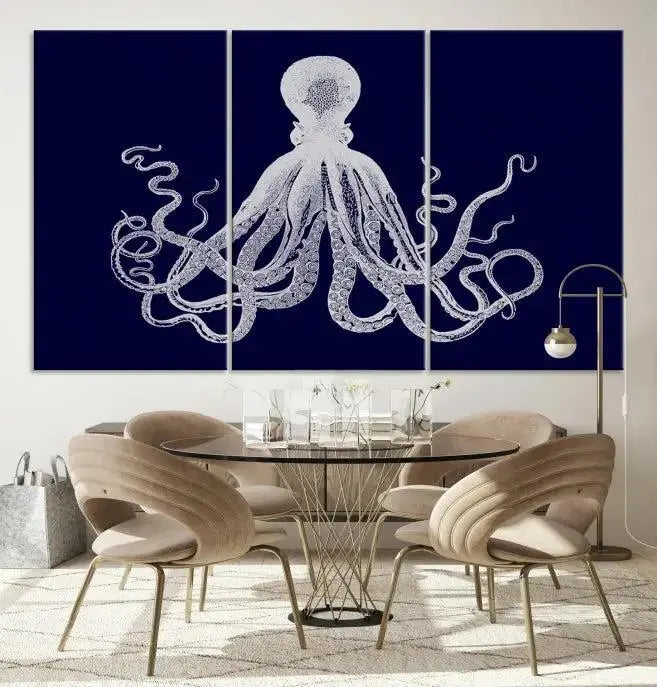 The Blue Octopus Wall Art Canvas Print, featuring a white octopus on navy blue and crafted on museum-quality canvas with satin varnish, is displayed prominently.