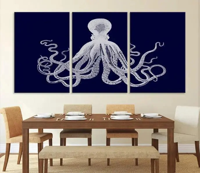 The Blue Octopus Wall Art Canvas Print, featuring a white octopus on navy blue and crafted on museum-quality canvas with satin varnish, is displayed prominently.