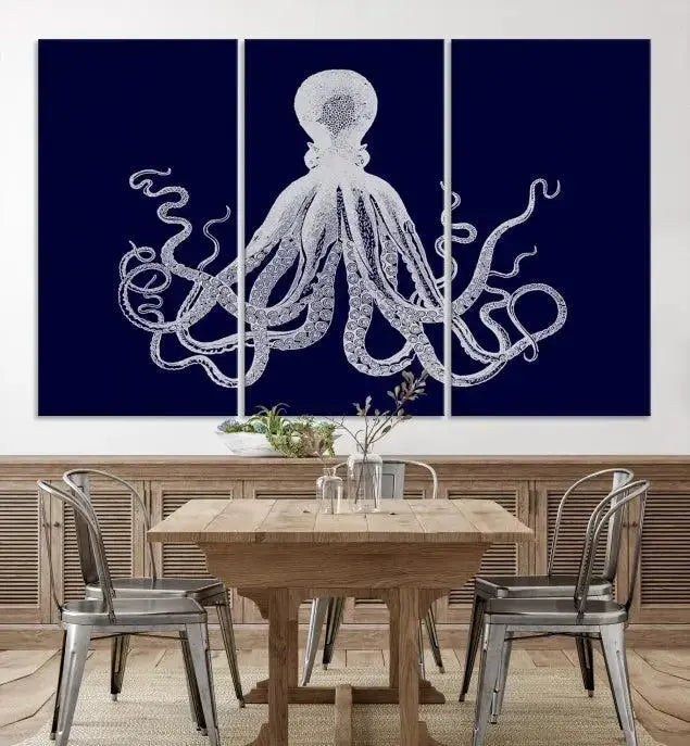 The Blue Octopus Wall Art Canvas Print, featuring a white octopus on navy blue and crafted on museum-quality canvas with satin varnish, is displayed prominently.