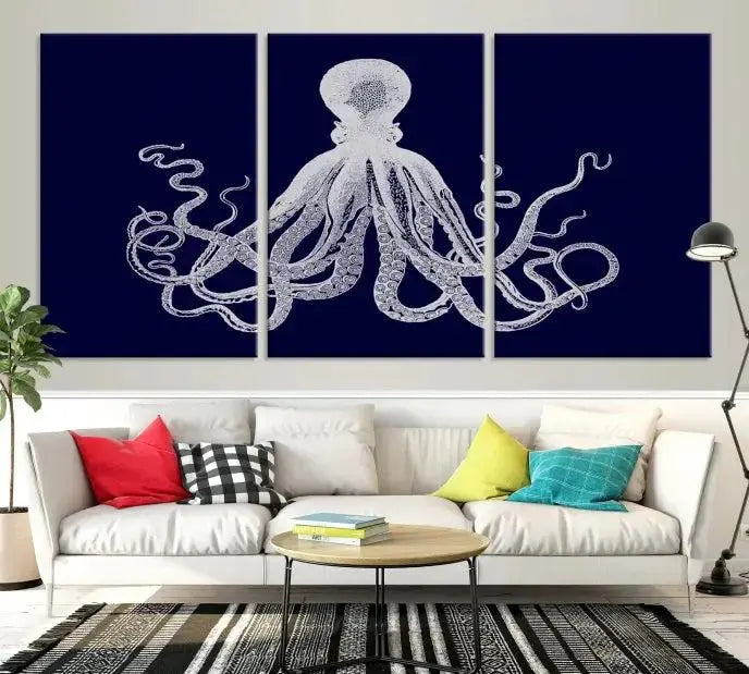 The Blue Octopus Wall Art Canvas Print, featuring a white octopus on navy blue and crafted on museum-quality canvas with satin varnish, is displayed prominently.