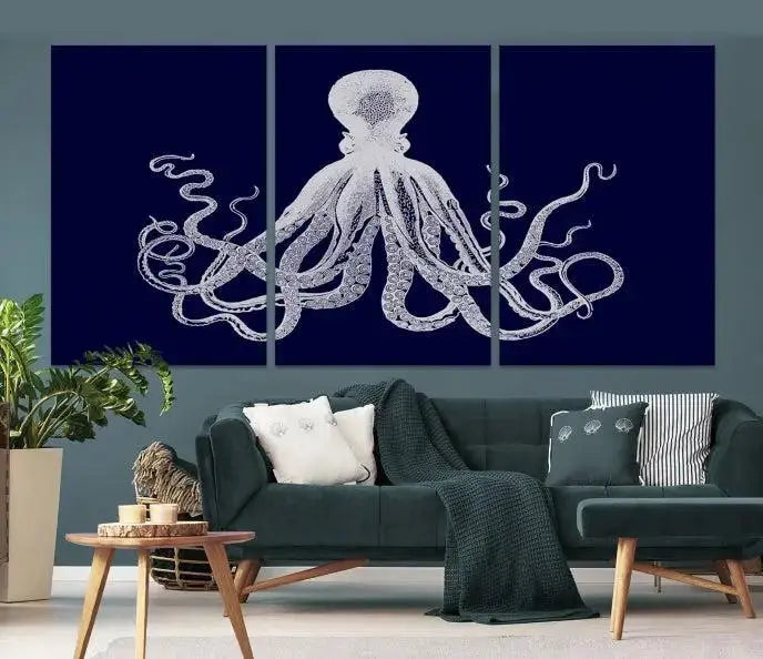 The Blue Octopus Wall Art Canvas Print, featuring a white octopus on navy blue and crafted on museum-quality canvas with satin varnish, is displayed prominently.