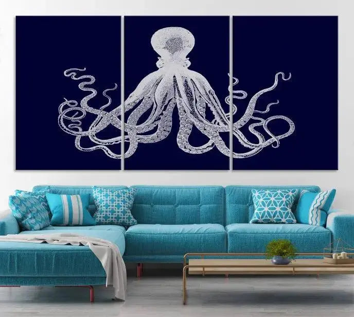 The Blue Octopus Wall Art Canvas Print, featuring a white octopus on navy blue and crafted on museum-quality canvas with satin varnish, is displayed prominently.