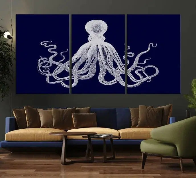 The Blue Octopus Wall Art Canvas Print, featuring a white octopus on navy blue and crafted on museum-quality canvas with satin varnish, is displayed prominently.