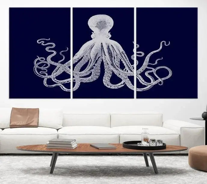 The Blue Octopus Wall Art Canvas Print, featuring a white octopus on navy blue and crafted on museum-quality canvas with satin varnish, is displayed prominently.