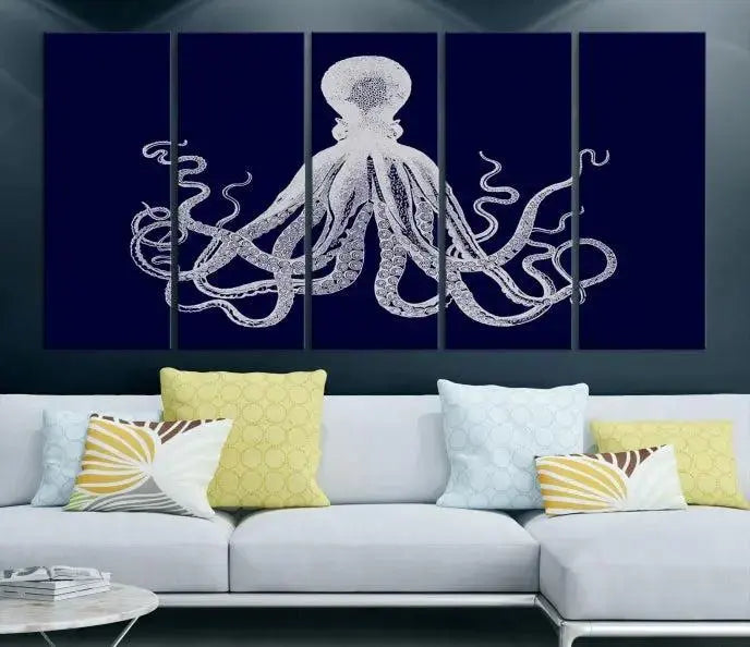 The Blue Octopus Wall Art Canvas Print, featuring a white octopus on navy blue and crafted on museum-quality canvas with satin varnish, is displayed prominently.