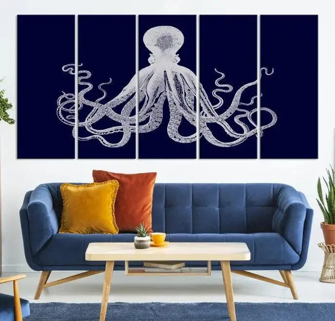 The Blue Octopus Wall Art Canvas Print, featuring a white octopus on navy blue and crafted on museum-quality canvas with satin varnish, is displayed prominently.